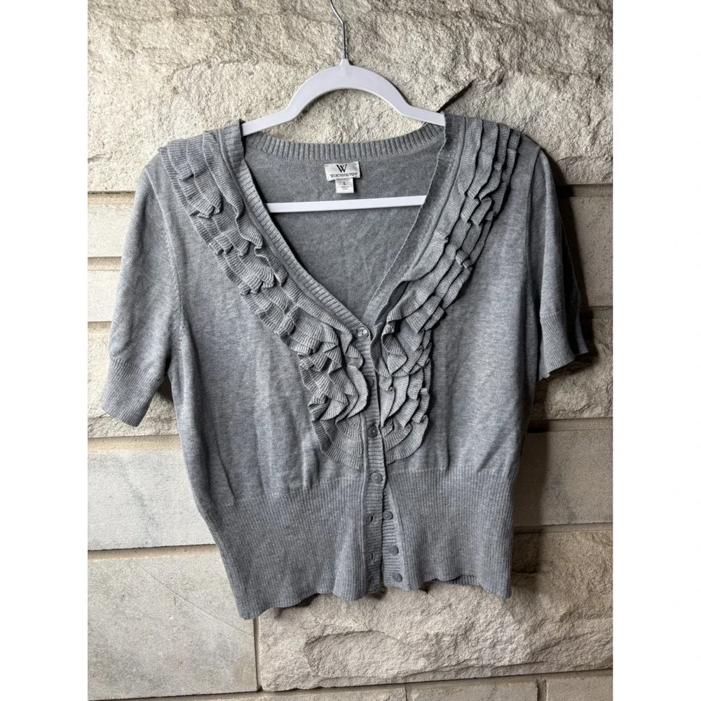 Worthington Womens Gray Ruffle‎ V-Neck Short Sleeve Button Front Cardigan Large